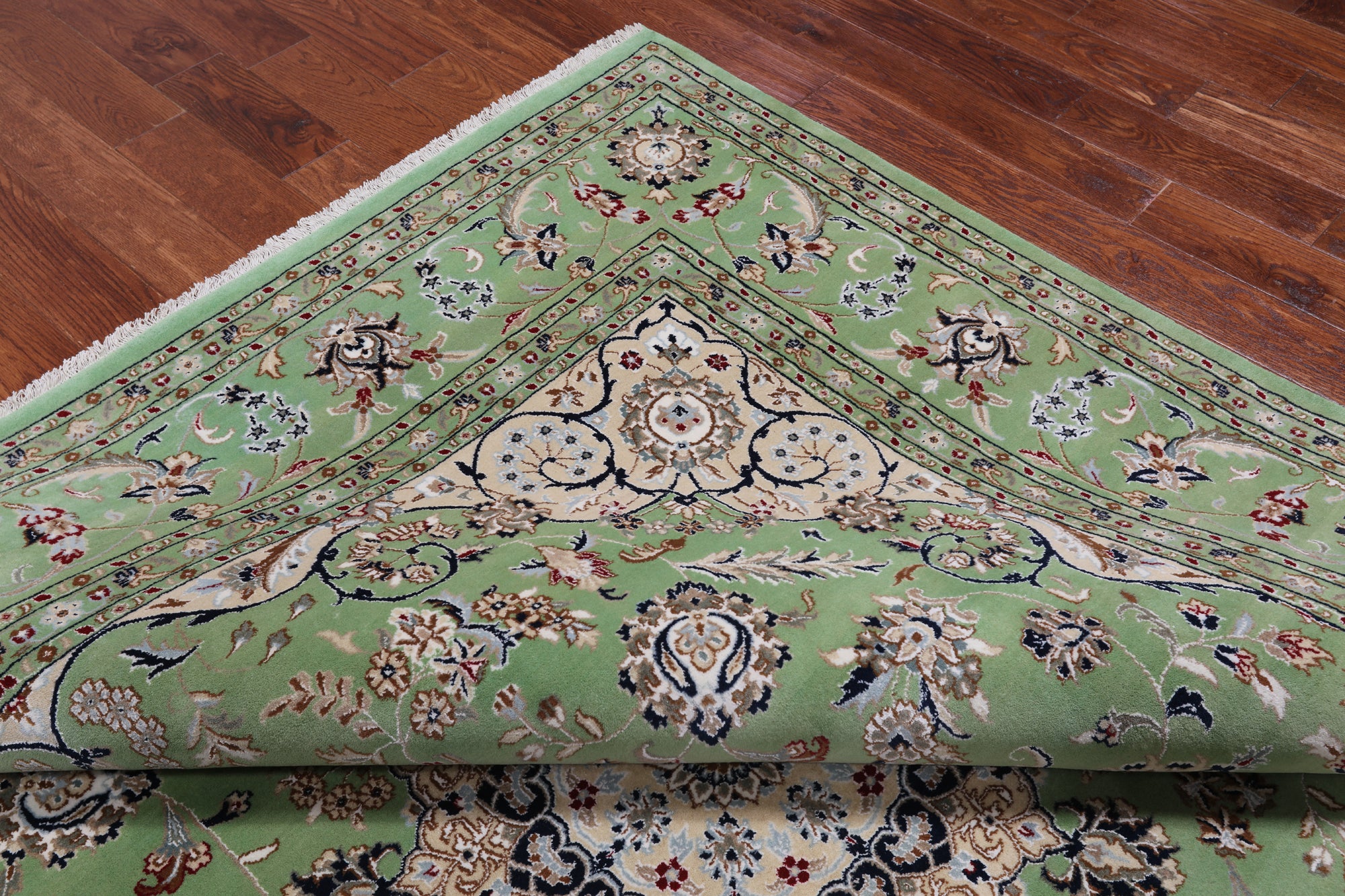 Green Square Persian Nain Hand Knotted Wool & Silk Rug - 9' 0" X 9' 0"