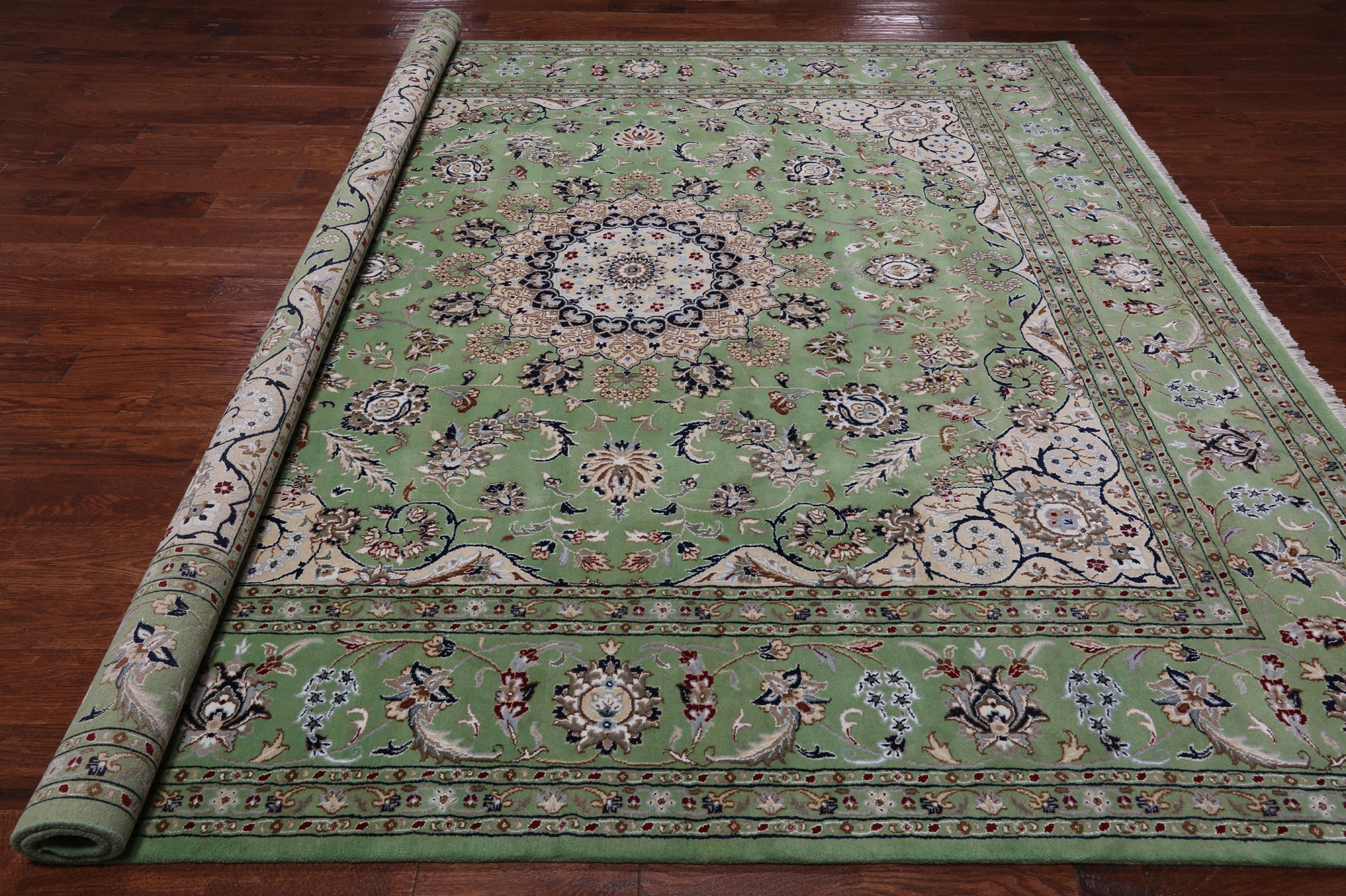 Green Square Persian Nain Hand Knotted Wool & Silk Rug - 9' 0" X 9' 0"