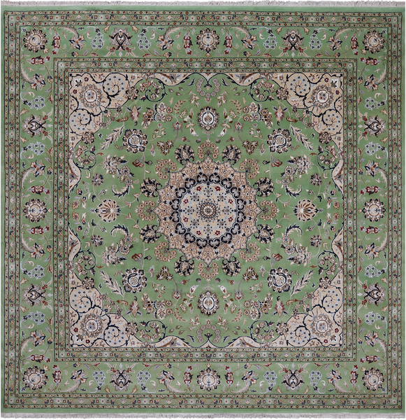 Green Square Persian Nain Hand Knotted Wool & Silk Rug - 9' 0" X 9' 0"