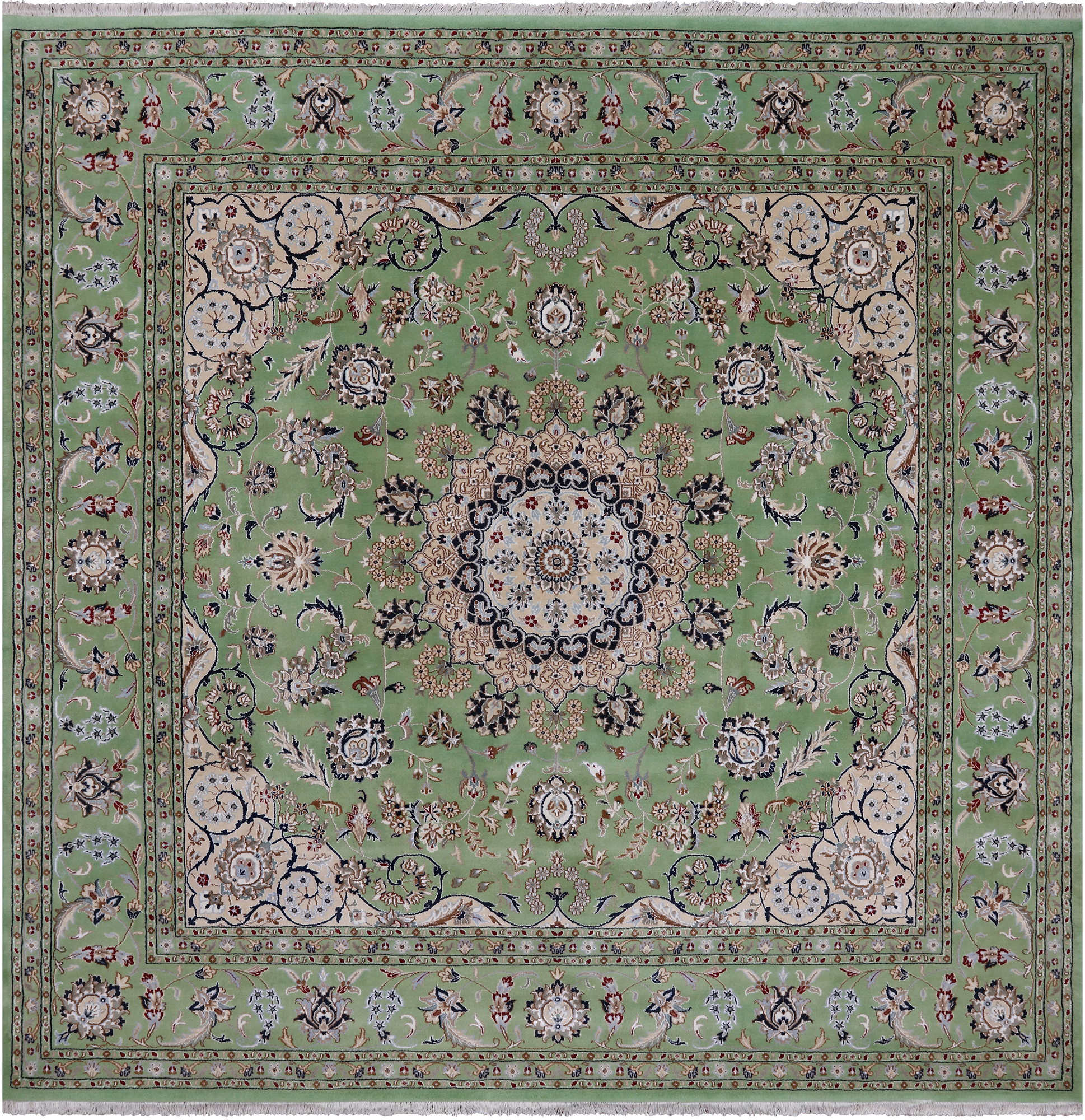 Green Square Persian Nain Hand Knotted Wool & Silk Rug - 9' 0" X 9' 0"