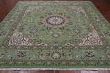 Green Square Persian Nain Hand Knotted Wool & Silk Rug - 9' 0" X 9' 0"