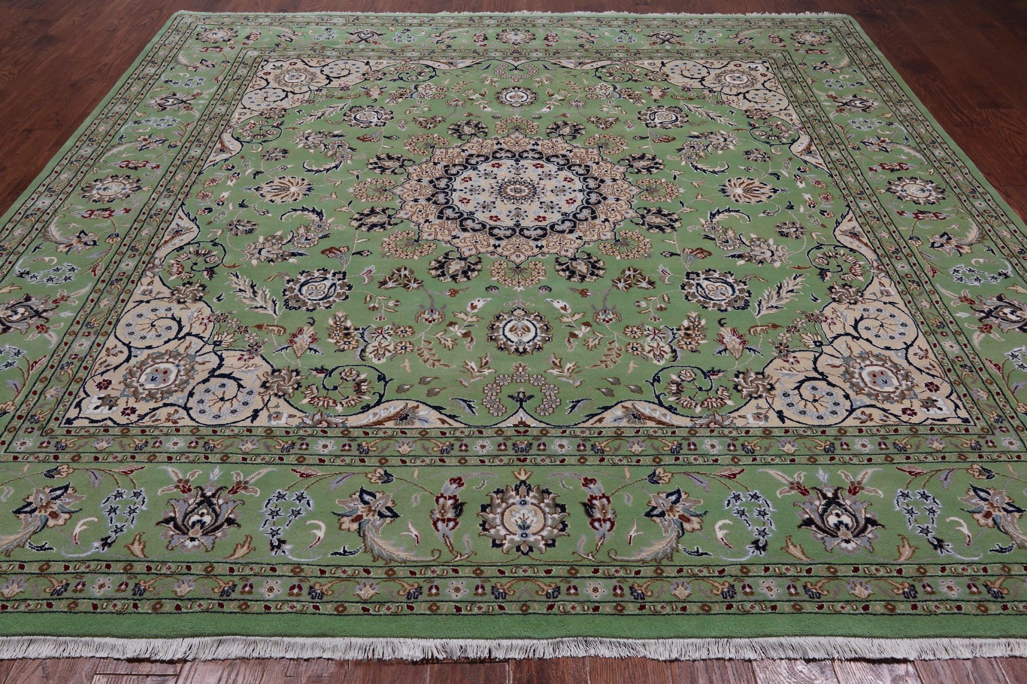 Green Square Persian Nain Hand Knotted Wool & Silk Rug - 9' 0" X 9' 0"
