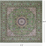 Green Square Persian Nain Hand Knotted Wool & Silk Rug - 9' 0" X 9' 0"