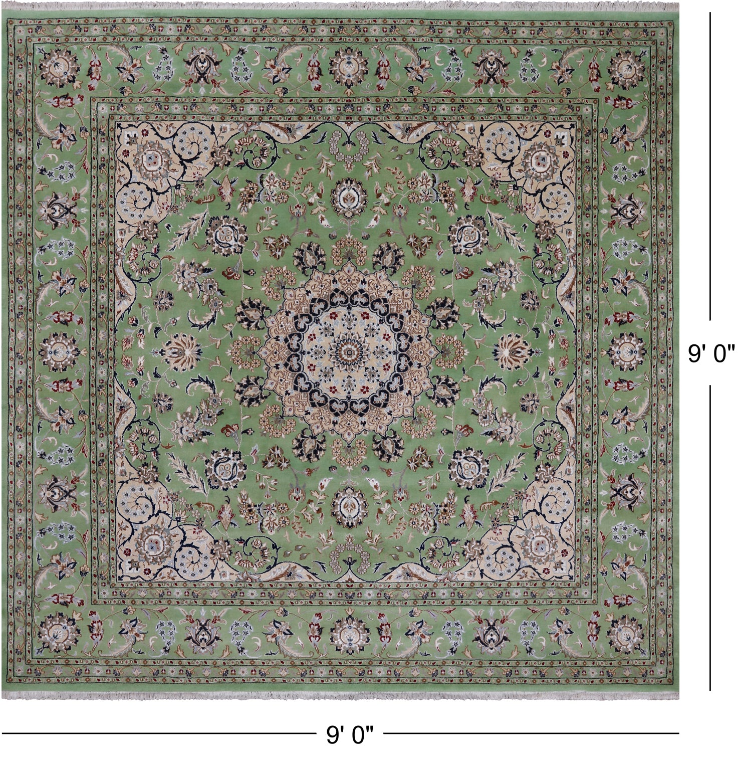 Green Square Persian Nain Hand Knotted Wool & Silk Rug - 9' 0" X 9' 0"