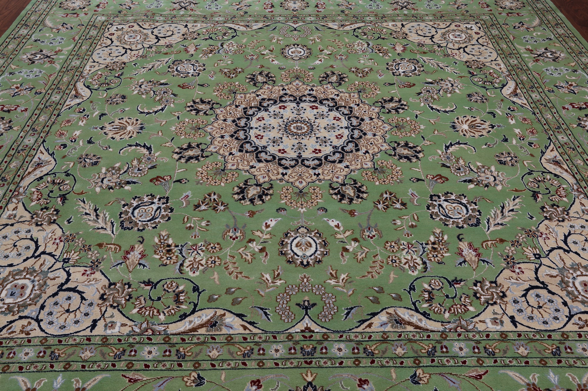 Green Square Persian Nain Hand Knotted Wool & Silk Rug - 9' 0" X 9' 0"