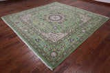Green Square Persian Nain Hand Knotted Wool & Silk Rug - 9' 0" X 9' 0"