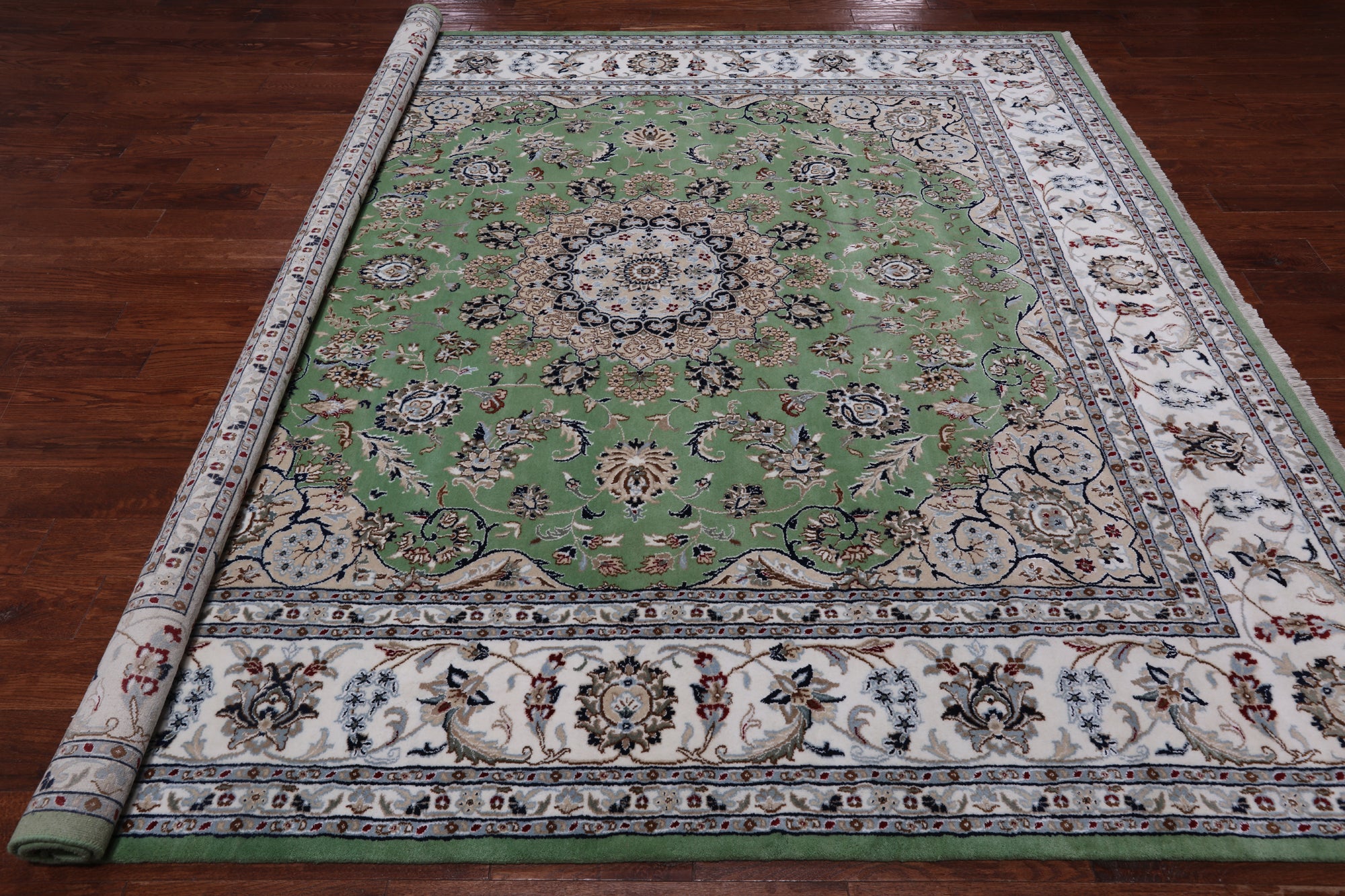 Green Square Persian Nain Handmade Wool & Silk Rug - 9' 0" X 9' 0"