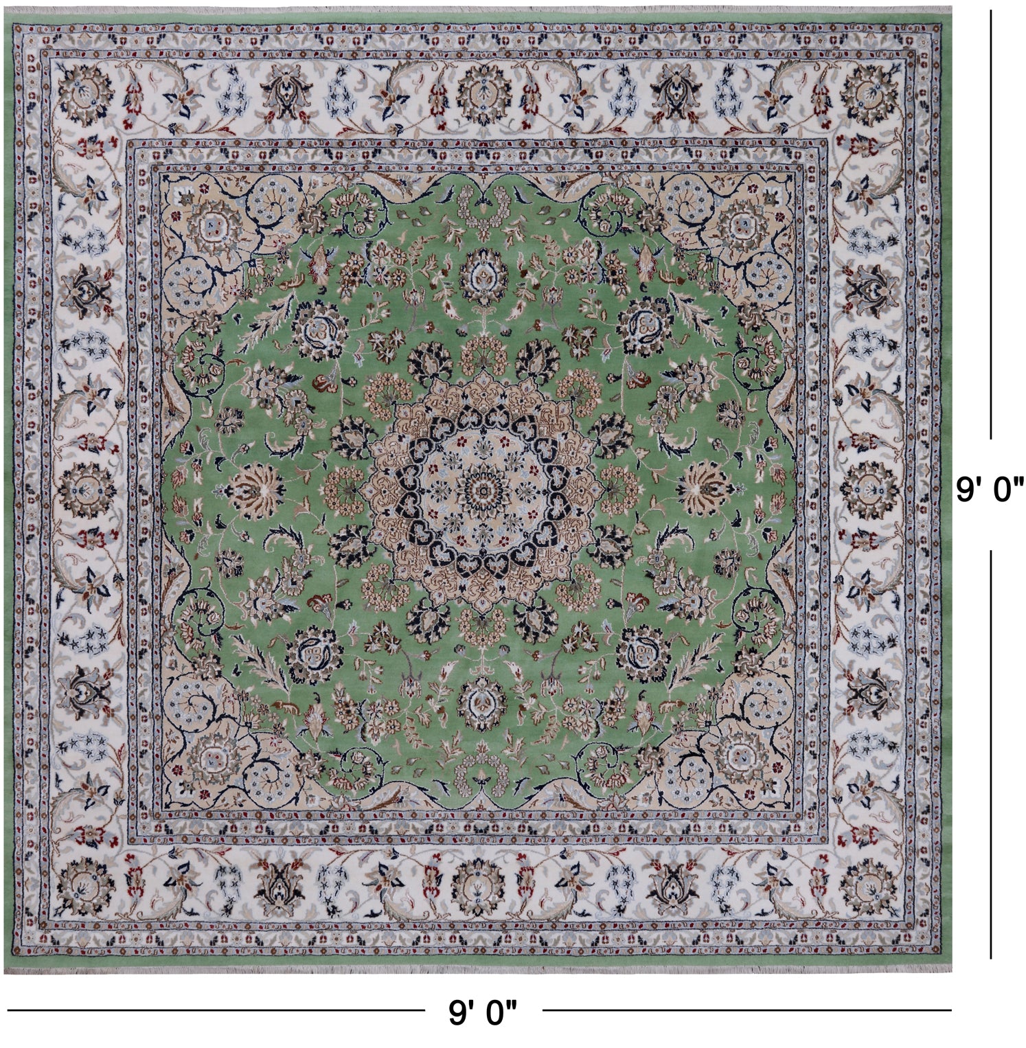 Green Square Persian Nain Handmade Wool & Silk Rug - 9' 0" X 9' 0"