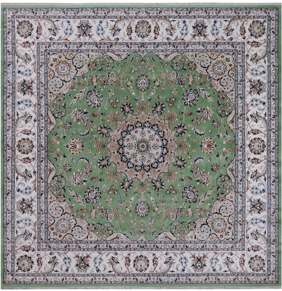 Green Square Persian Nain Handmade Wool & Silk Rug - 9' 0" X 9' 0"