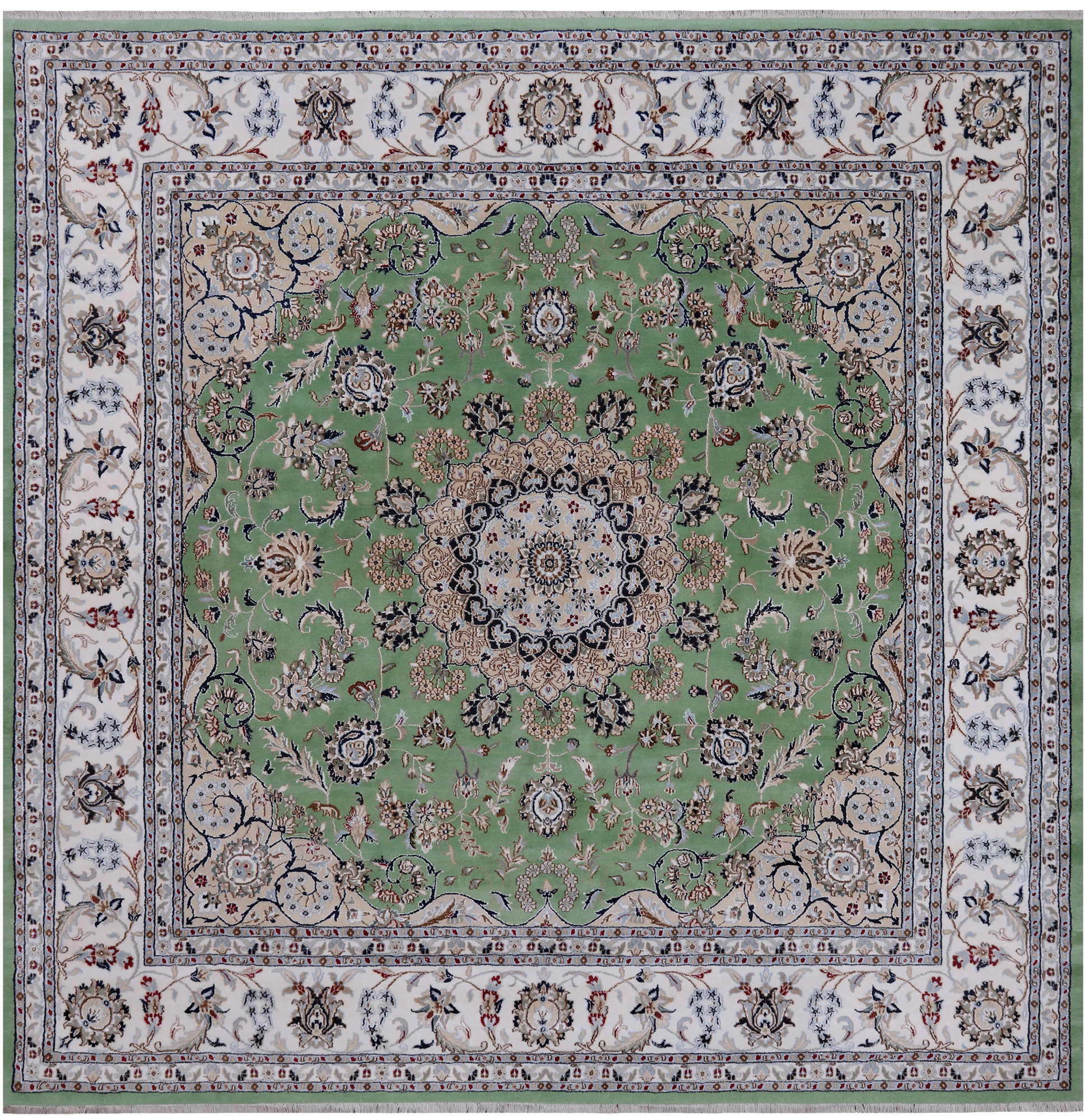 Green Square Persian Nain Handmade Wool & Silk Rug - 9' 0" X 9' 0"