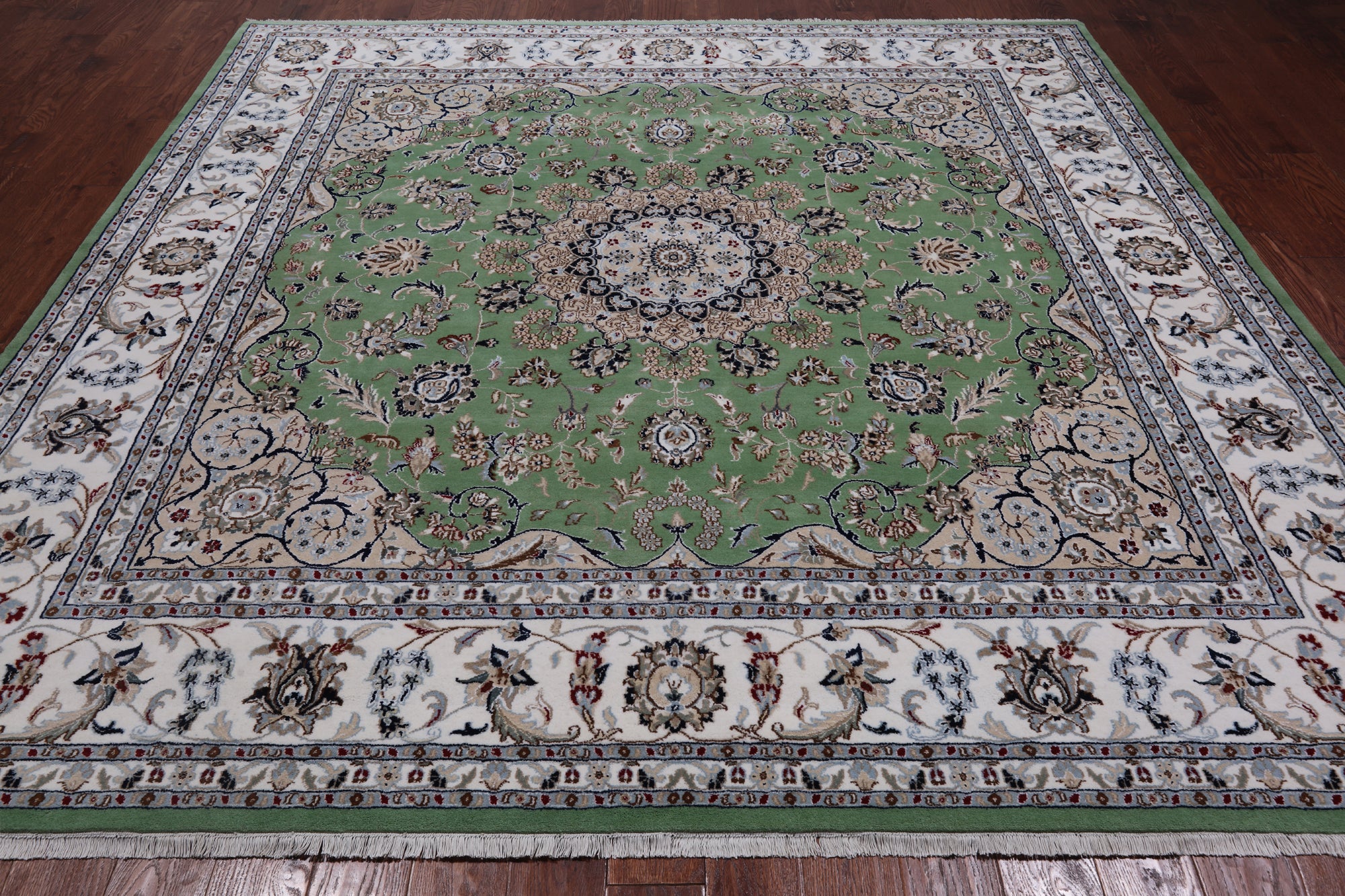 Green Square Persian Nain Handmade Wool & Silk Rug - 9' 0" X 9' 0"