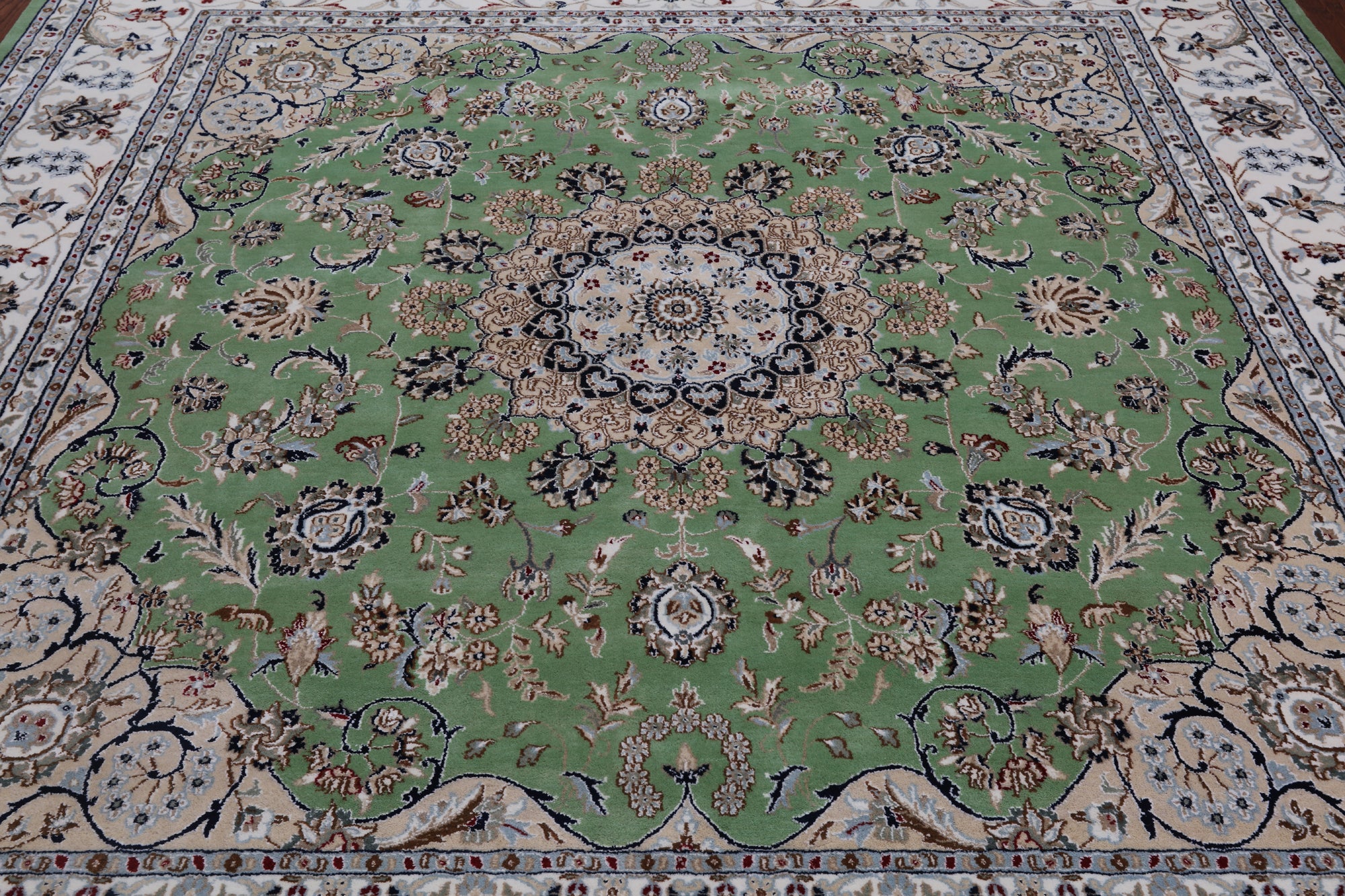 Green Square Persian Nain Handmade Wool & Silk Rug - 9' 0" X 9' 0"