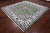 Green Square Persian Nain Handmade Wool & Silk Rug - 9' 0" X 9' 0"