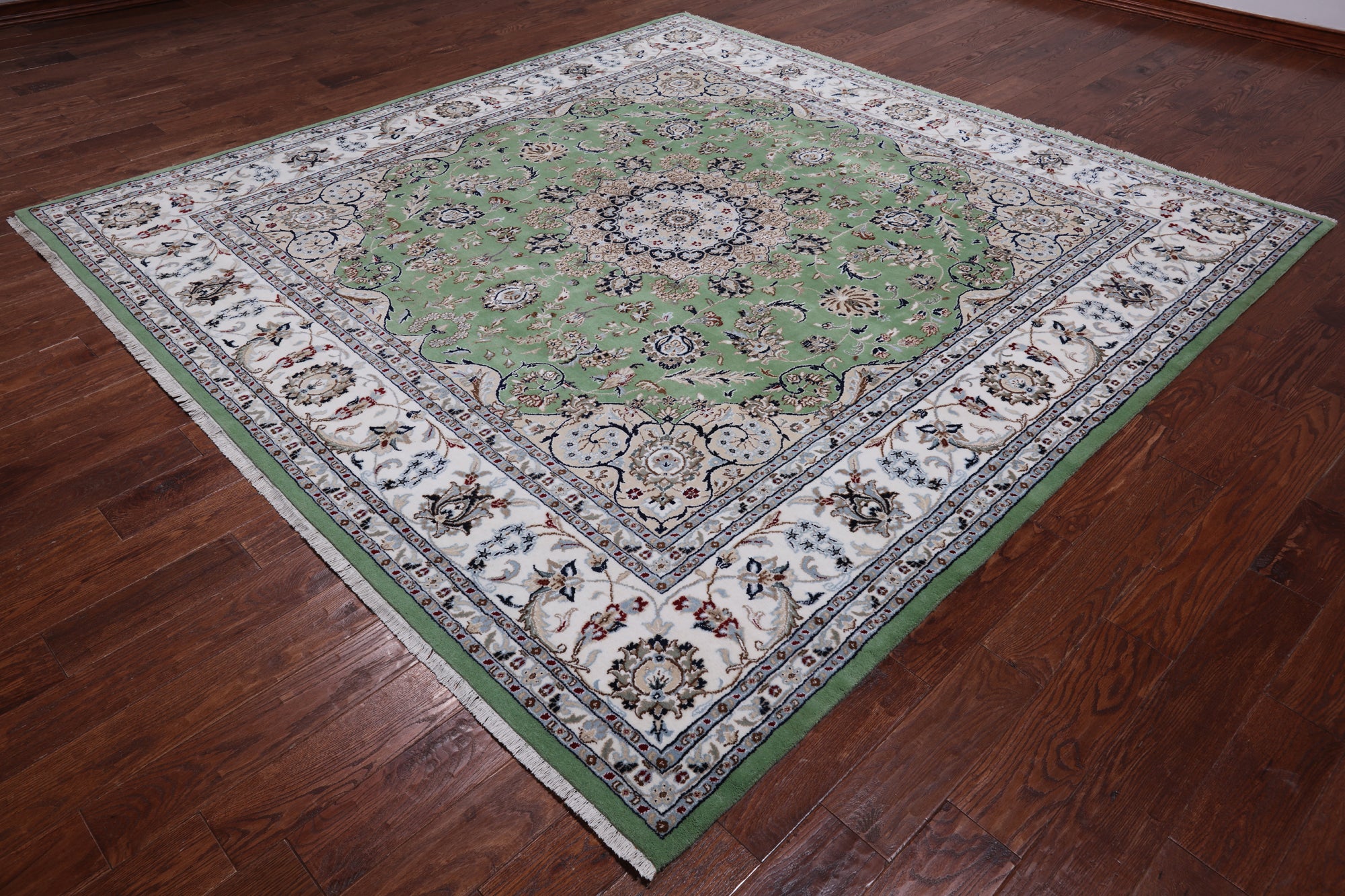 Green Square Persian Nain Handmade Wool & Silk Rug - 9' 0" X 9' 0"