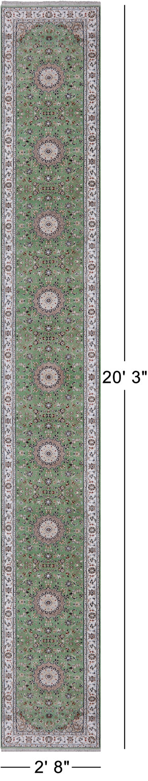 Green Persian Nain Handmade Wool & Silk Rug - 2' 8" X 20' 3"