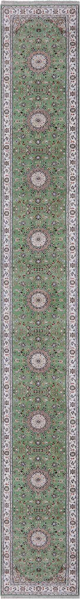 Green Persian Nain Handmade Wool & Silk Rug - 2' 8" X 20' 3"