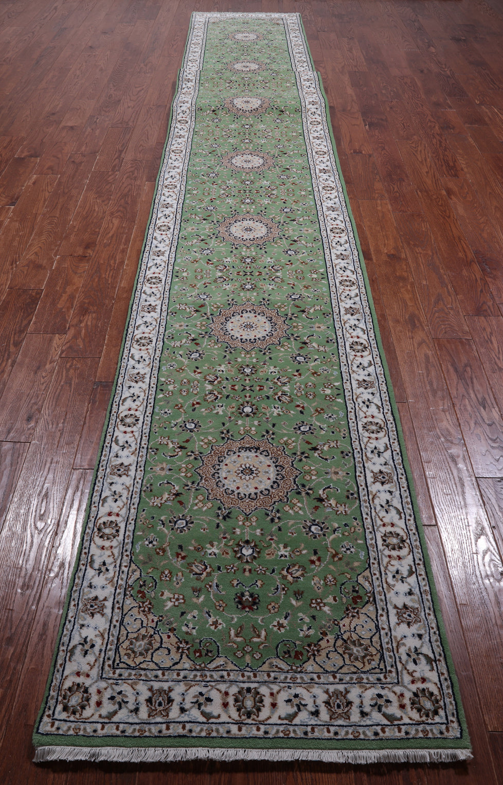 Green Persian Nain Handmade Wool & Silk Rug - 2' 8" X 20' 3"