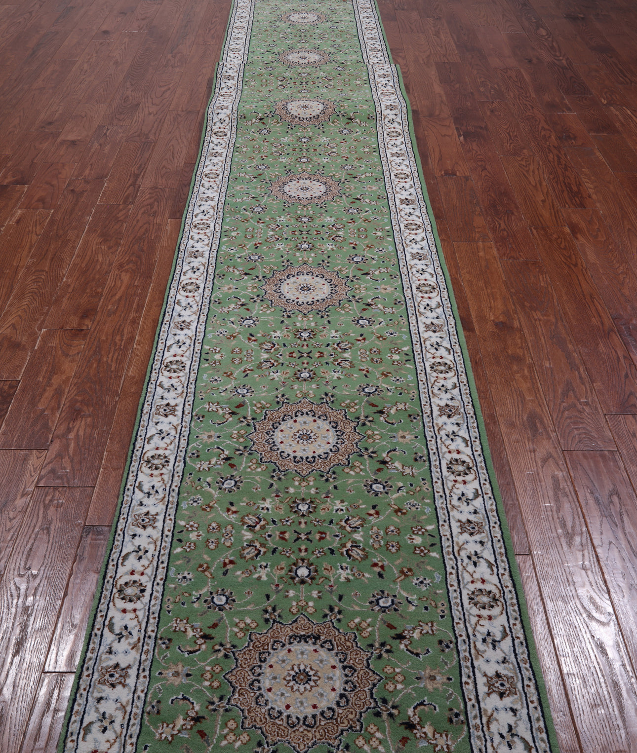 Green Persian Nain Handmade Wool & Silk Rug - 2' 8" X 20' 3"