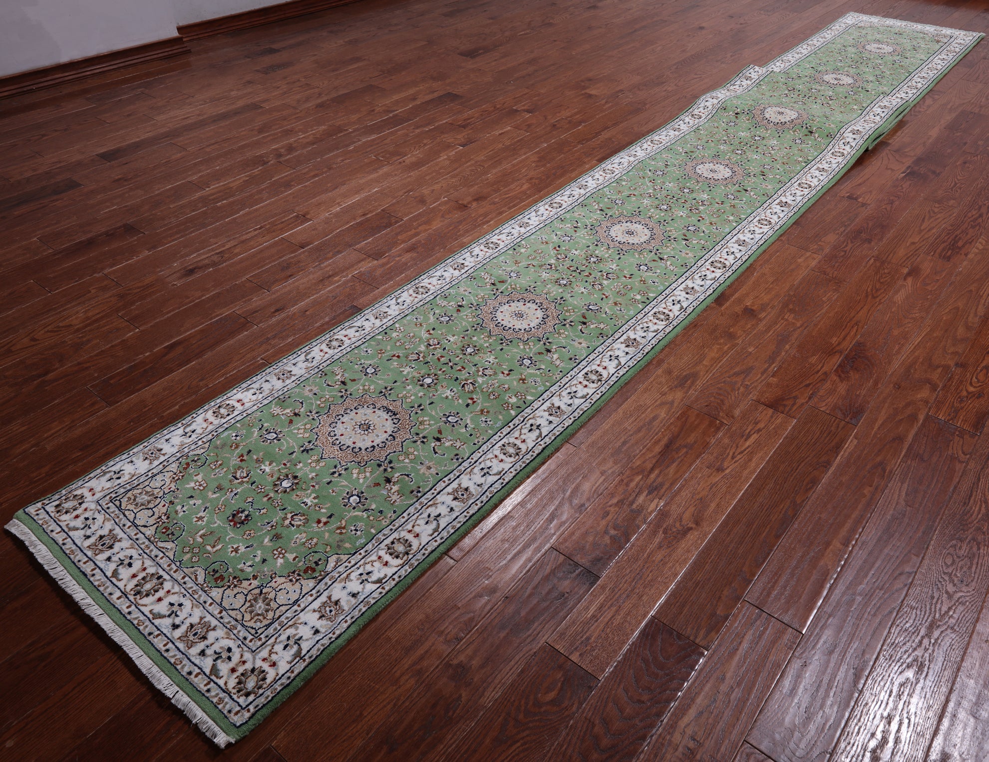 Green Persian Nain Handmade Wool & Silk Rug - 2' 8" X 20' 3"