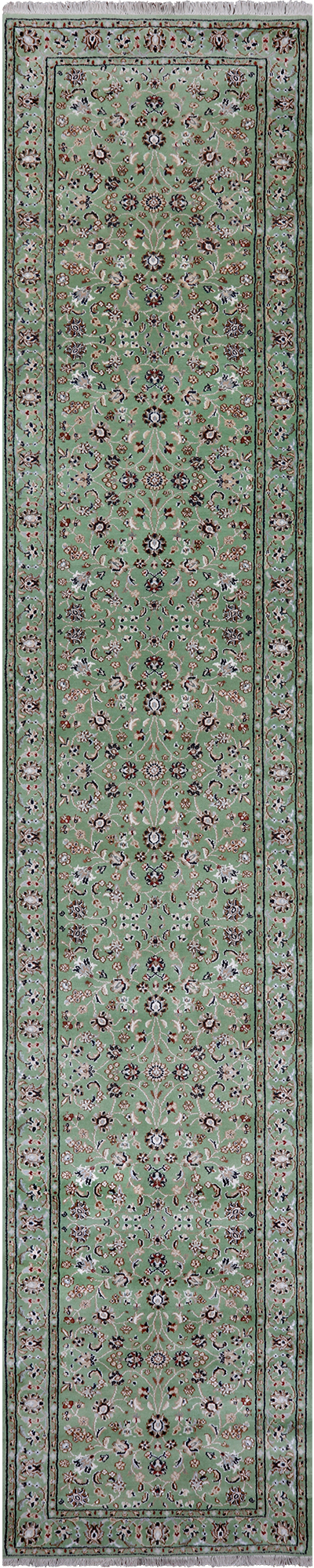 Green Persian Nain Hand Knotted Wool & Silk Runner Rug - 2' 9" X 14' 1"
