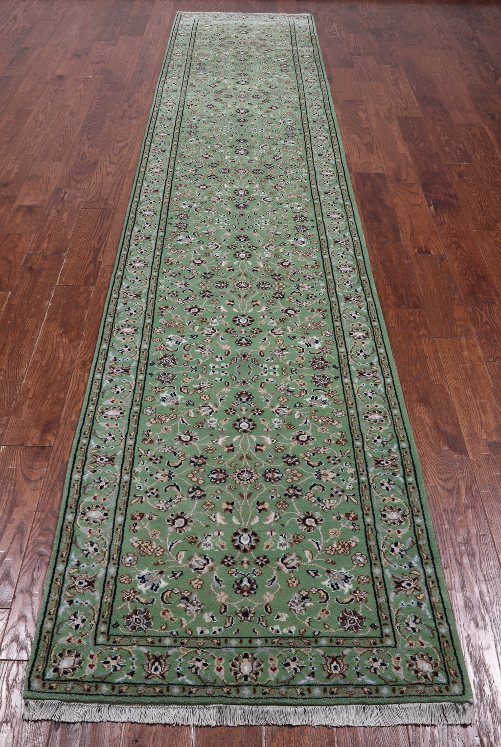 Green Persian Nain Hand Knotted Wool & Silk Runner Rug - 2' 9" X 14' 1"