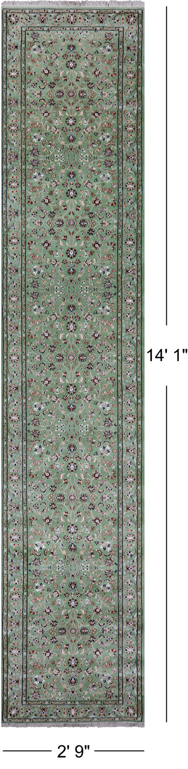 Green Persian Nain Hand Knotted Wool & Silk Runner Rug - 2' 9" X 14' 1"