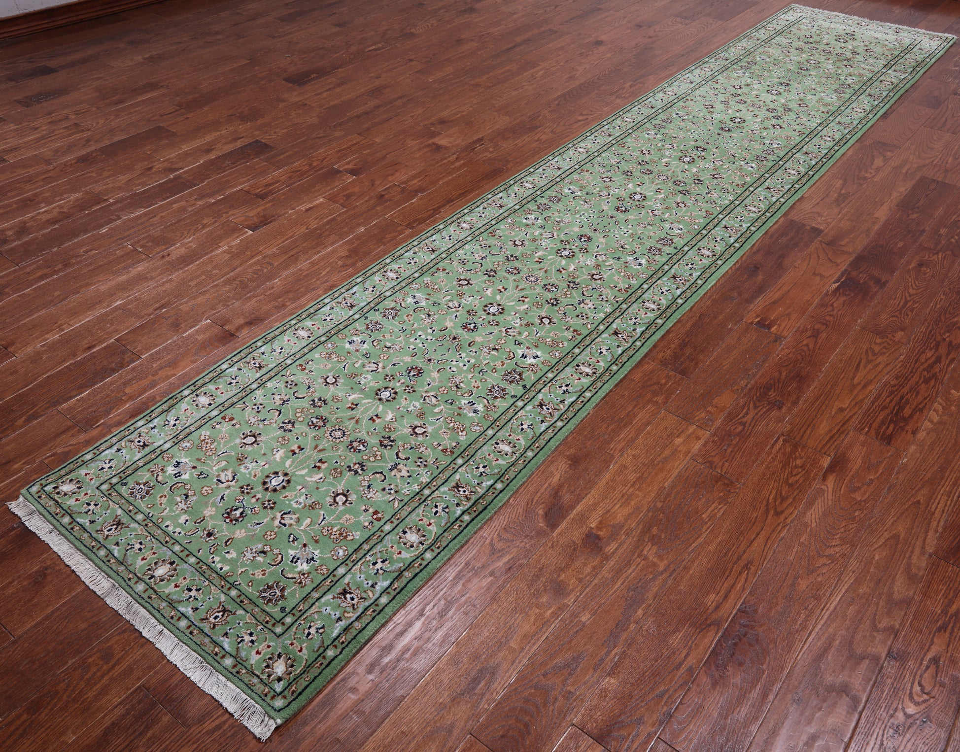 Green Persian Nain Hand Knotted Wool & Silk Runner Rug - 2' 9" X 14' 1"