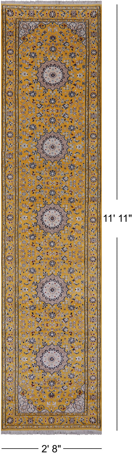 Gold Persian Nain Handmade Wool & Silk Runner Rug - 2' 8" X 11' 11"