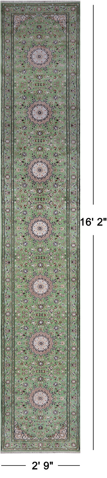 Green Persian Nain Hand Knotted Wool & Silk Runner Rug - 2' 9" X 16' 2"