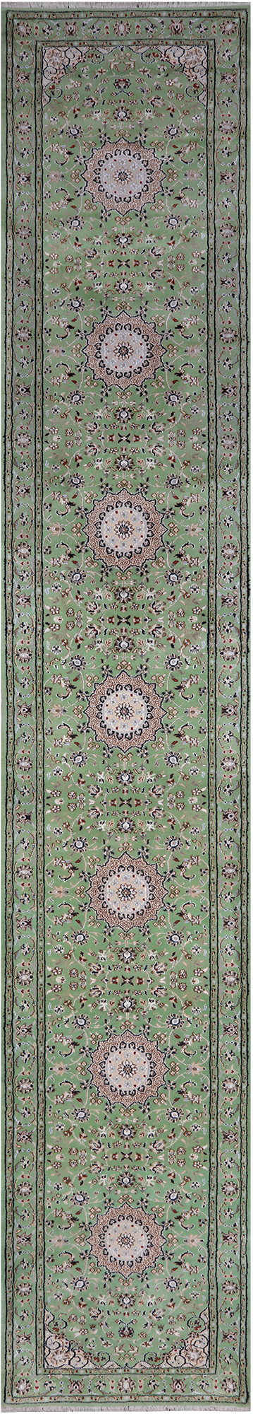 Green Persian Nain Hand Knotted Wool & Silk Runner Rug - 2' 9" X 16' 2"