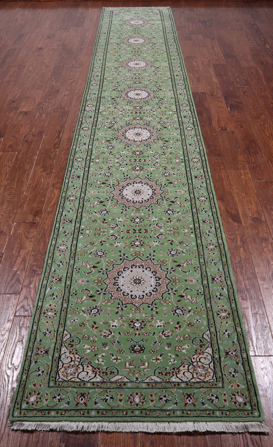 Green Persian Nain Hand Knotted Wool & Silk Runner Rug - 2' 9" X 16' 2"