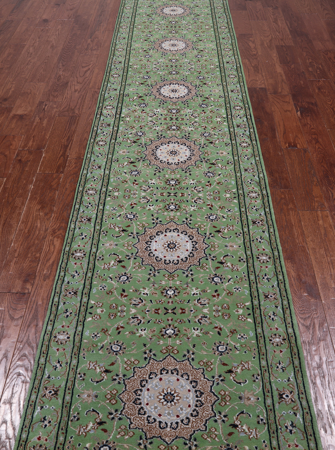 Green Persian Nain Hand Knotted Wool & Silk Runner Rug - 2' 9" X 16' 2"