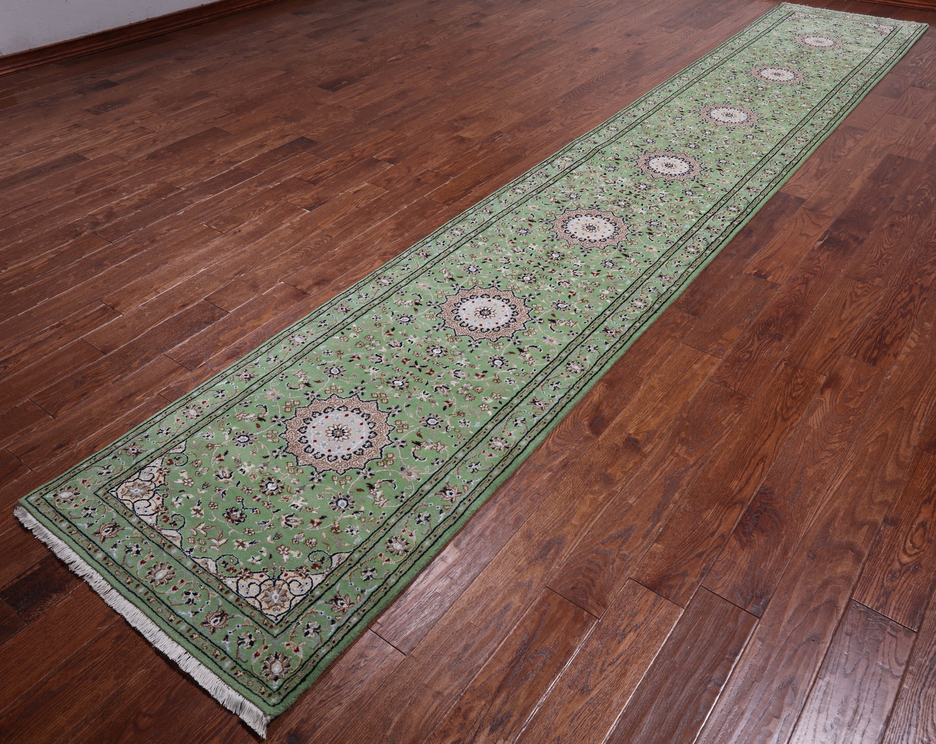 Green Persian Nain Hand Knotted Wool & Silk Runner Rug - 2' 9" X 16' 2"