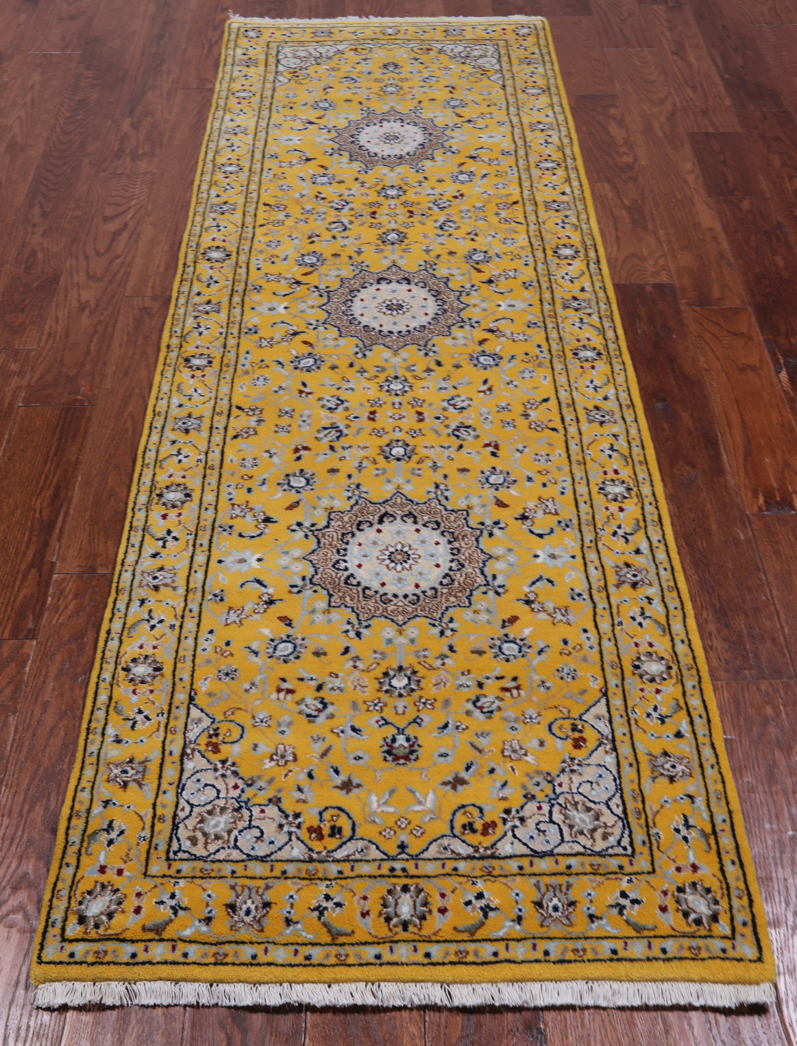 Gold Persian Nain Hand Knotted Wool & Silk Runner Rug - 2' 8" X 8' 2"