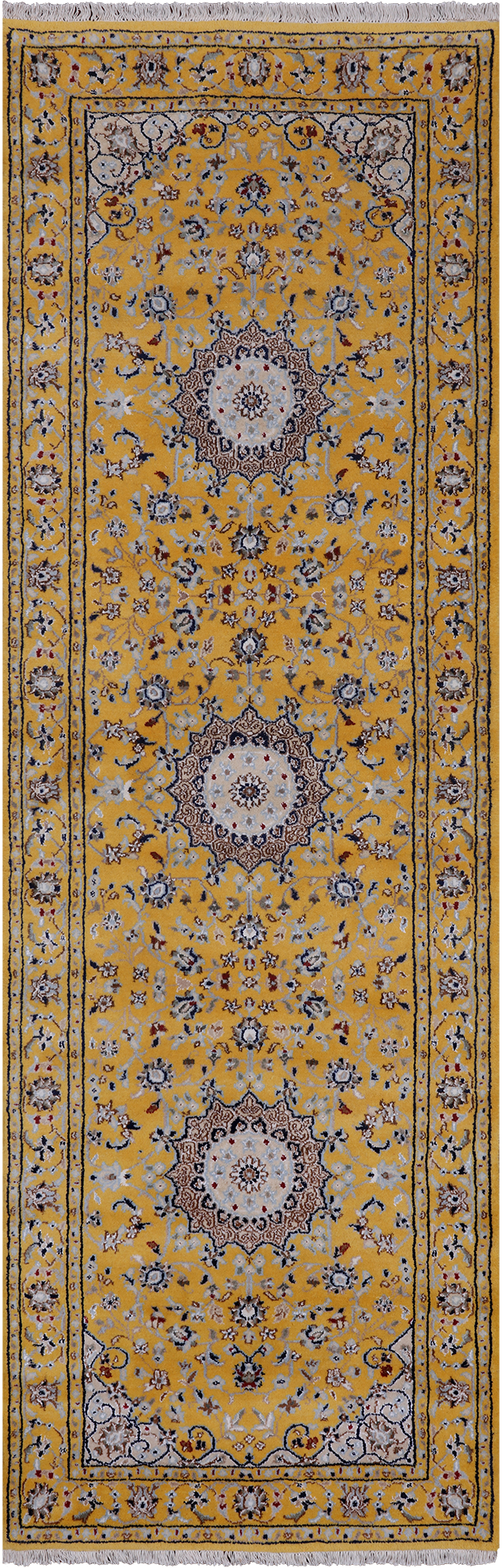 Gold Persian Nain Hand Knotted Wool & Silk Runner Rug - 2' 8" X 8' 2"