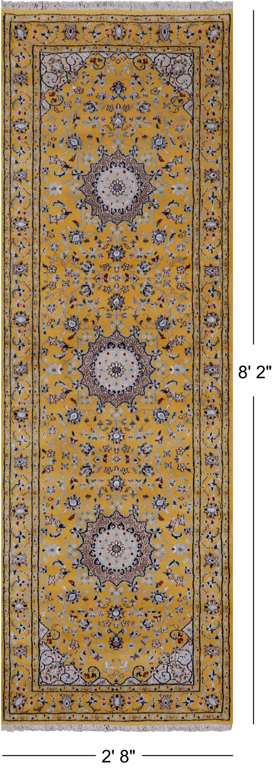 Gold Persian Nain Hand Knotted Wool & Silk Runner Rug - 2' 8" X 8' 2"