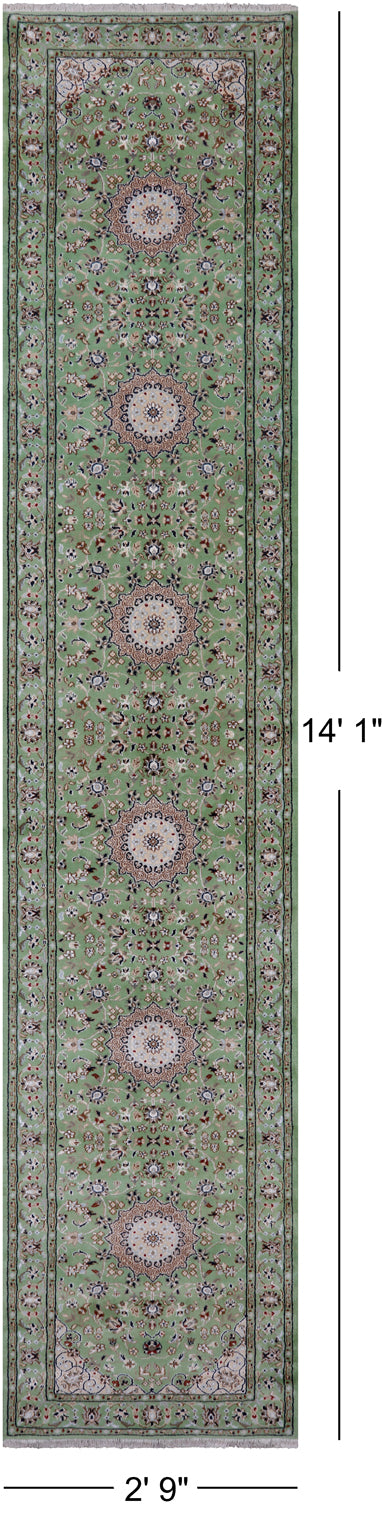 Green Persian Nain Hand Knotted Wool & Silk Runner Rug - 2' 9" X 14' 1"