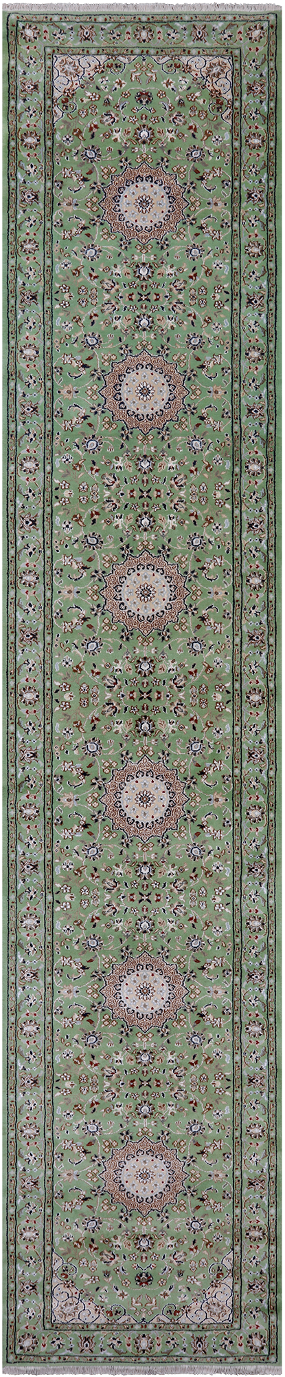 Green Persian Nain Hand Knotted Wool & Silk Runner Rug - 2' 9" X 14' 1"