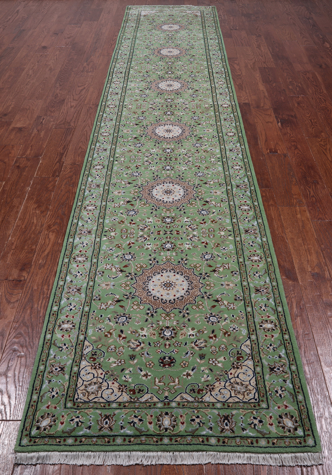 Green Persian Nain Hand Knotted Wool & Silk Runner Rug - 2' 9" X 14' 1"