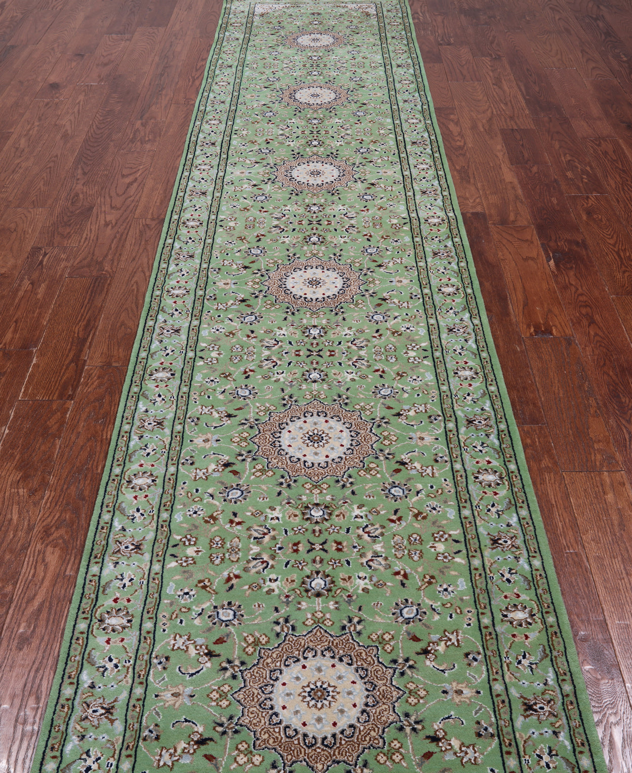 Green Persian Nain Hand Knotted Wool & Silk Runner Rug - 2' 9" X 14' 1"