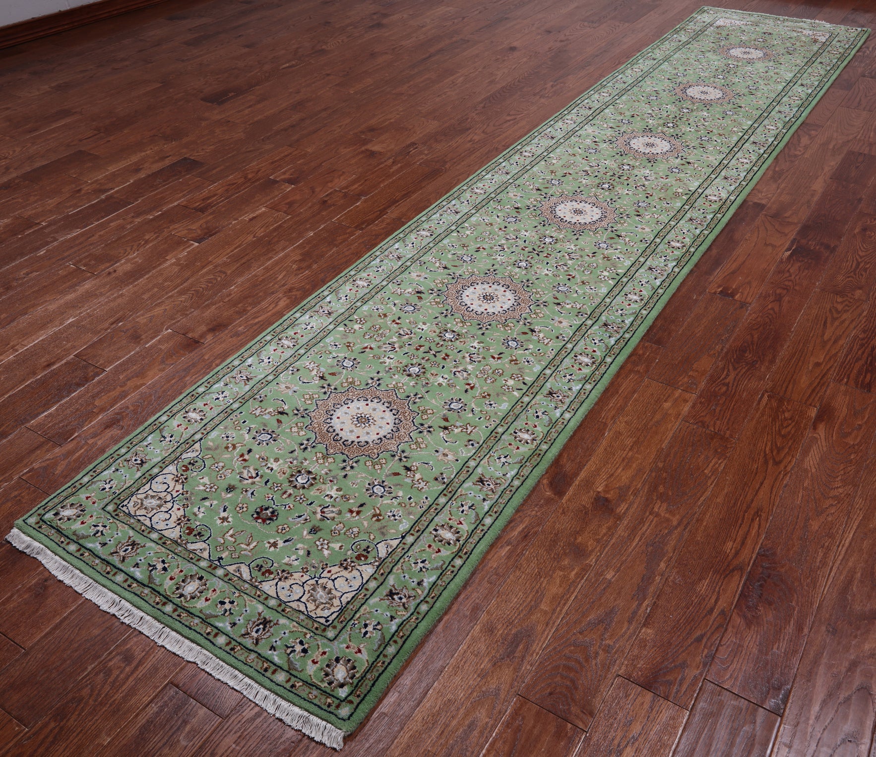 Green Persian Nain Hand Knotted Wool & Silk Runner Rug - 2' 9" X 14' 1"
