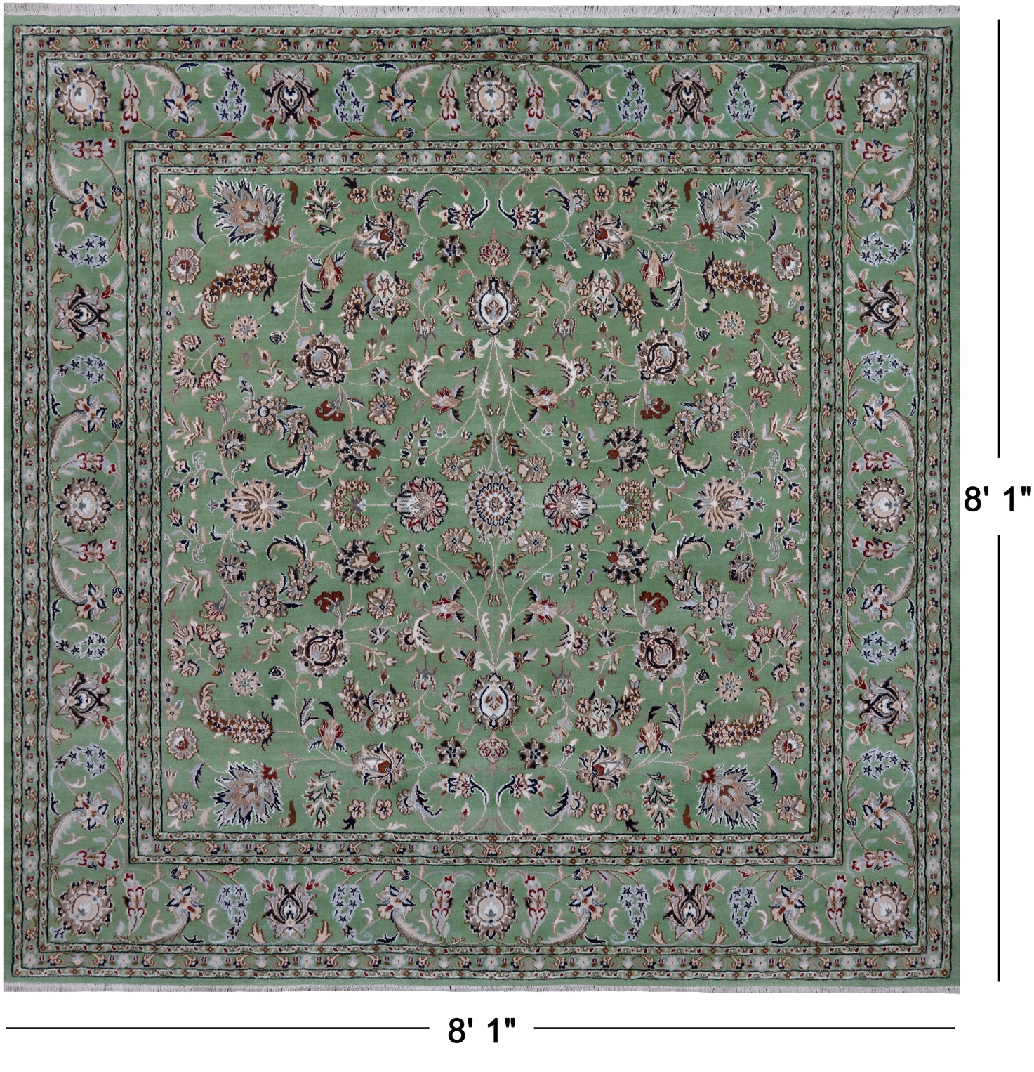 Green Square Persian Nain Handmade Wool & Silk Rug - 8' 1" X 8' 1"