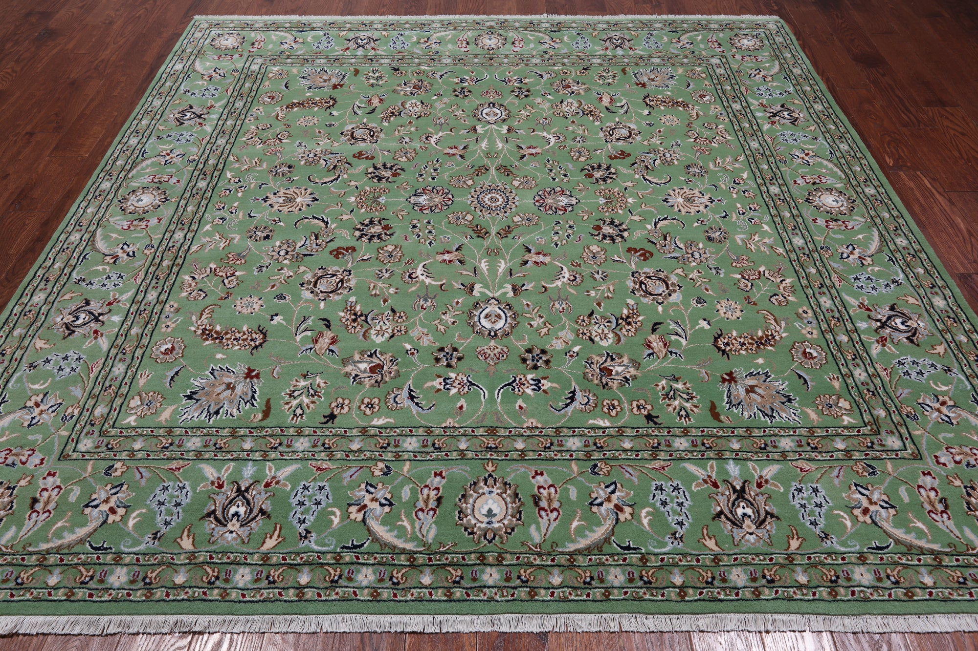 Green Square Persian Nain Handmade Wool & Silk Rug - 8' 1" X 8' 1"