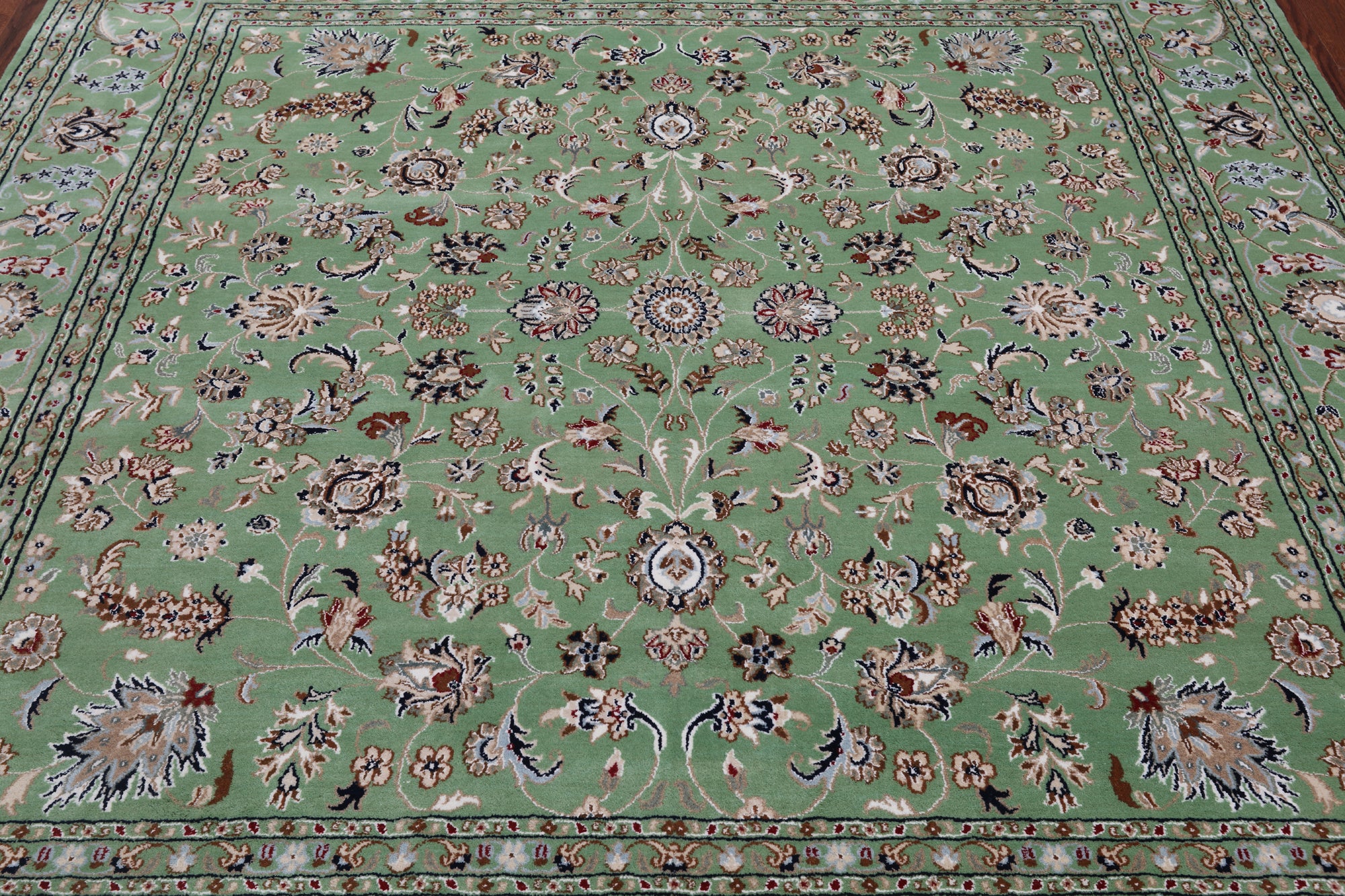 Green Square Persian Nain Handmade Wool & Silk Rug - 8' 1" X 8' 1"