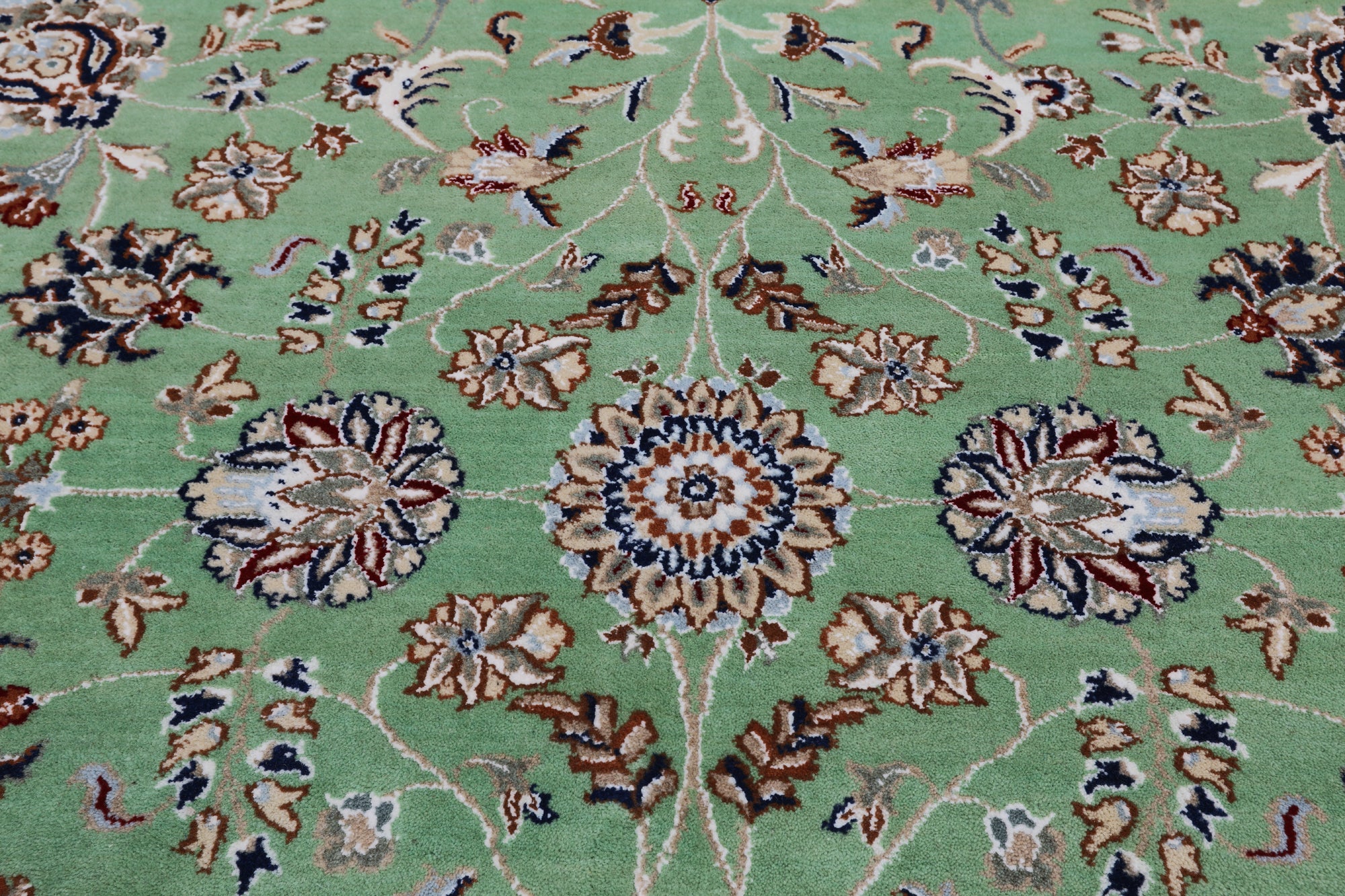 Green Persian Nain Hand Knotted Wool & Silk Rug - 9' 1" X 12' 0"