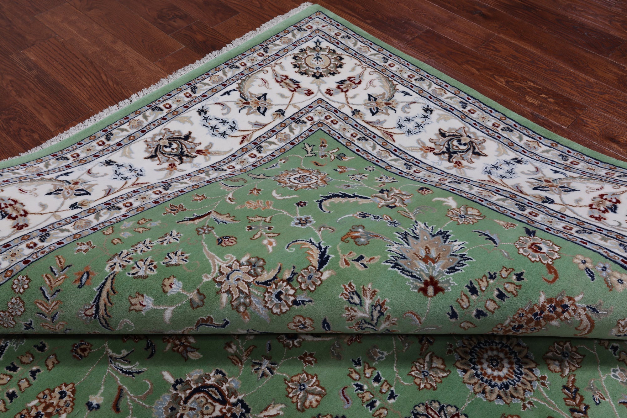 Green Persian Nain Hand Knotted Wool & Silk Rug - 9' 1" X 12' 0"