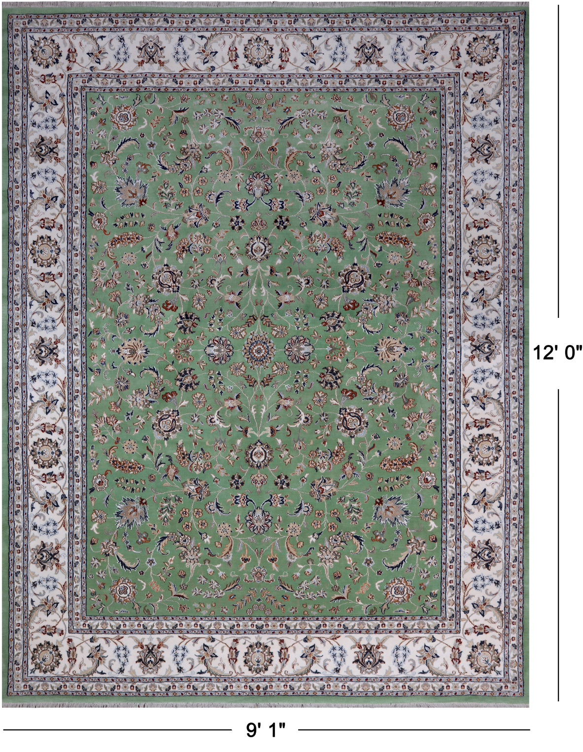 Green Persian Nain Hand Knotted Wool & Silk Rug - 9' 1" X 12' 0"