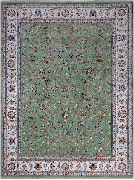 Green Persian Nain Hand Knotted Wool & Silk Rug - 9' 1" X 12' 0"