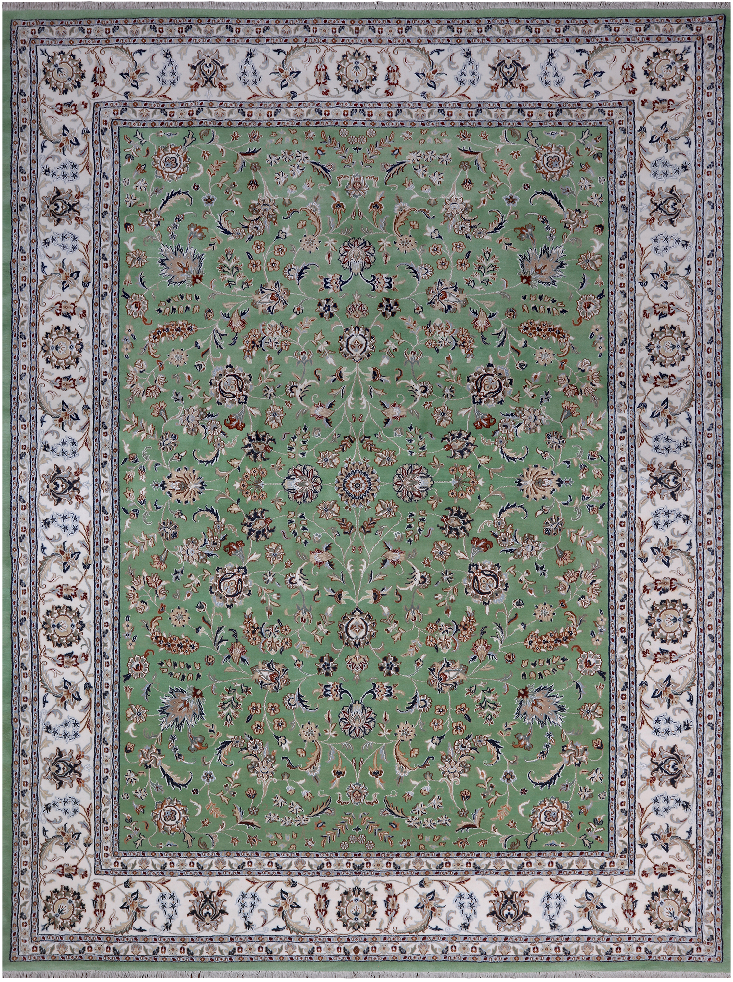 Green Persian Nain Hand Knotted Wool & Silk Rug - 9' 1" X 12' 0"