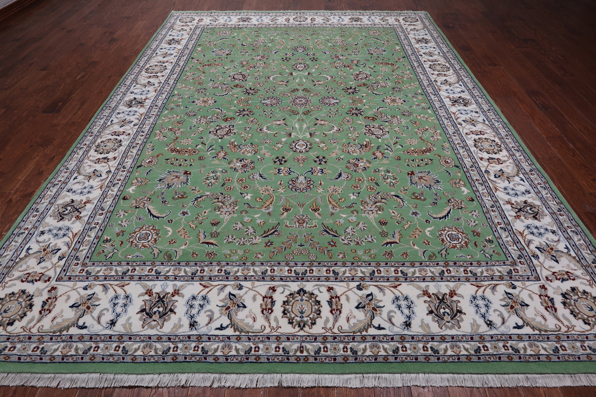 Green Persian Nain Hand Knotted Wool & Silk Rug - 9' 1" X 12' 0"